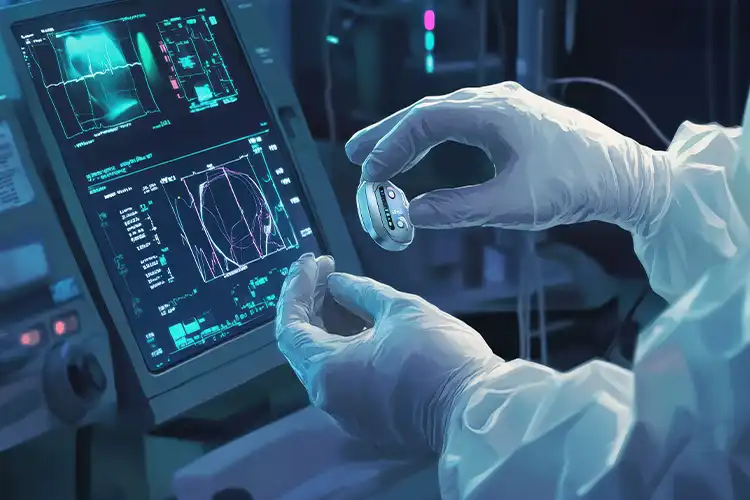 Two gloved hands handle a high-tech sensor.