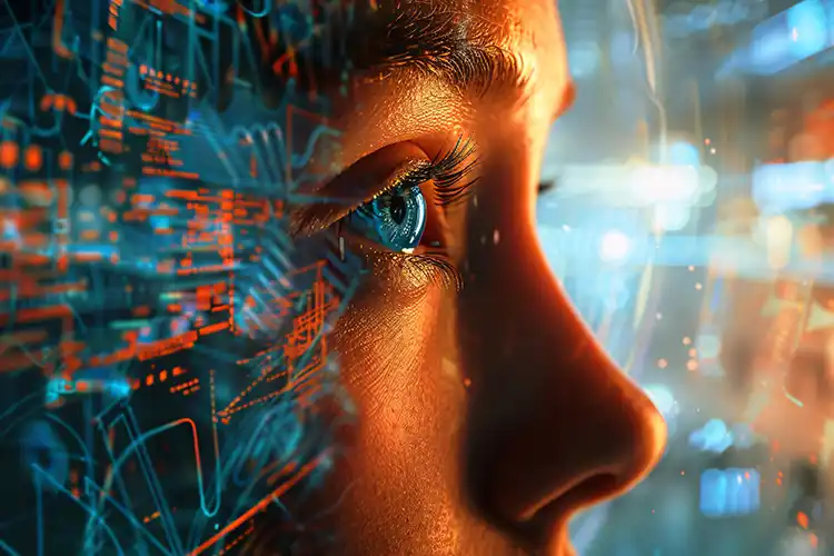 A person's face in side profile overlaid with complicated graphics, illustrating thought.