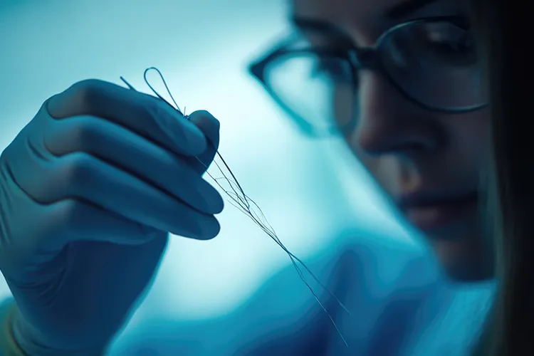 A female scientist examines a strand of hair.