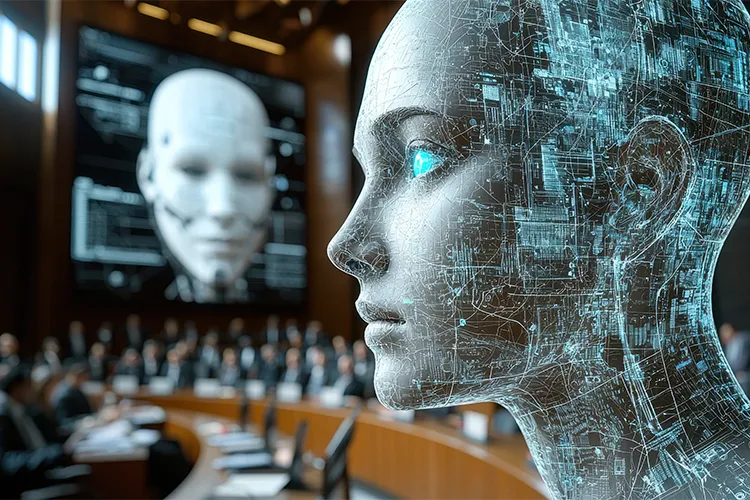 A lecture theatre in which holograms and digital illustrations of the human head are being shown.