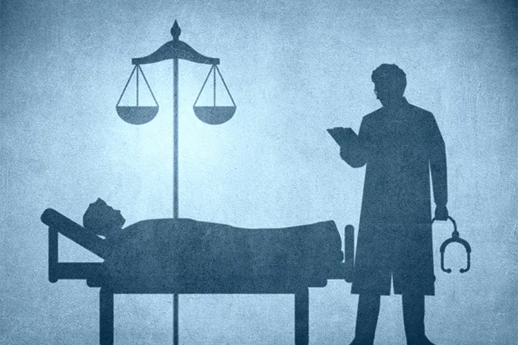 An illustration depicting silhouettes of a doctor and a patient in a hospital bed. Above them hangs a scales, symbolising ethics and justice.