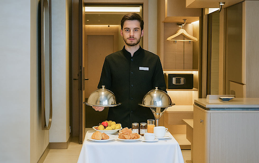 A member of the Elitoria Hotel staff delivering room service.