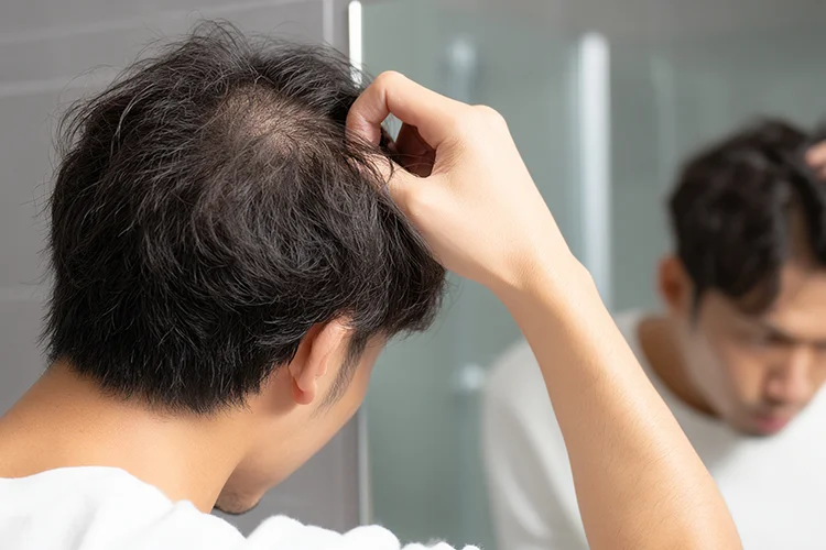 Man looking at his receding hairline in the mirror