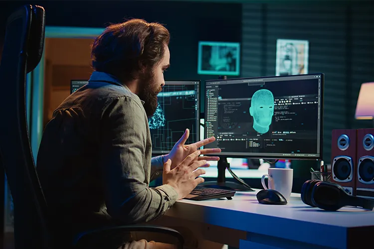 A man works at a computer, on which is a digital illustration of the human head.