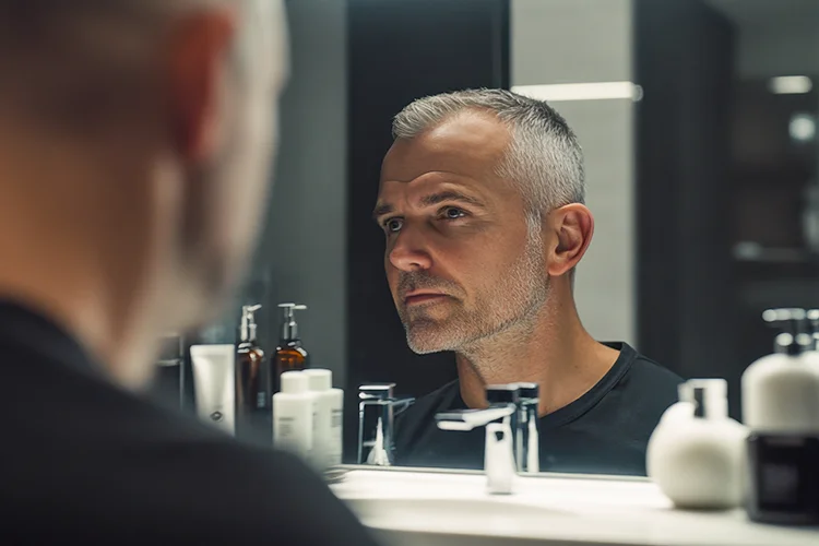 Man looking thoughtfully at his reflection in the mirror