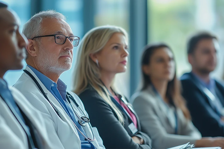 A row of doctors and other medical professionals sit and listen intently to something.