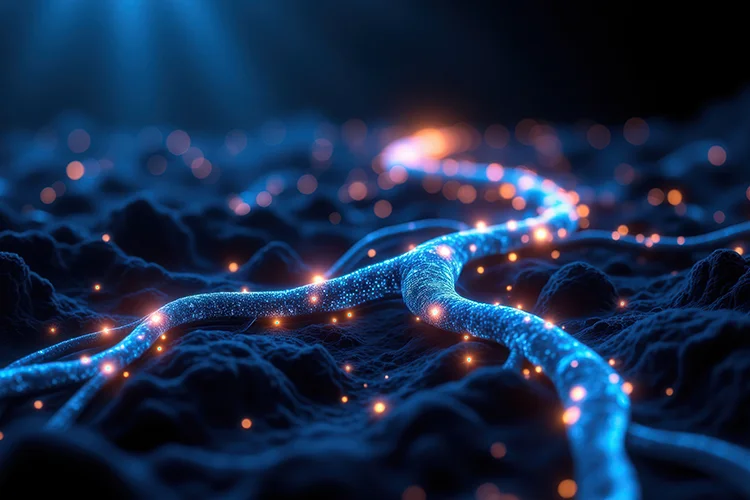 A digital illustration depicting bioelectrical cell communication in the body.