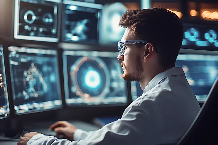 A scientist working with AI imaging in a hair regeneration setting.