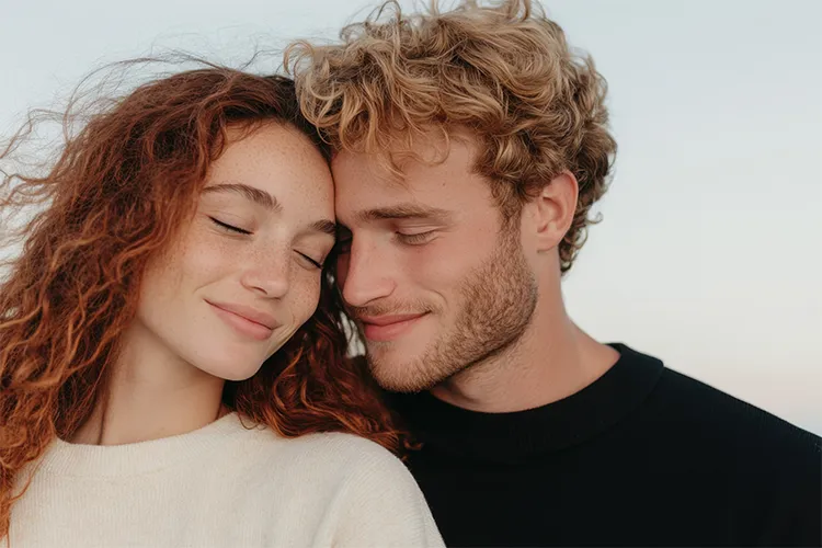 A man and woman rest their heads against one another.