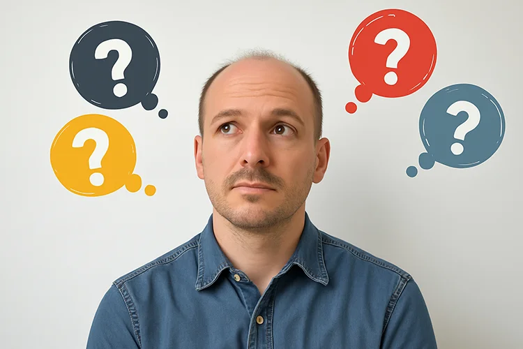 A balding man surrounded by question marks.