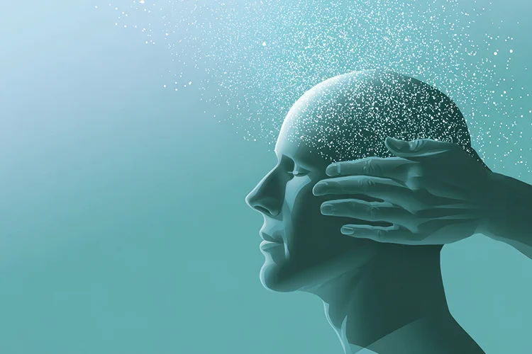 An illustration of a human head in side profile. Hands emerge from the right of the frame to touch the head's cheeks. Particles can be seen above the head.